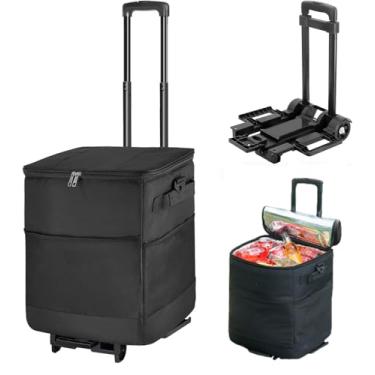 Imagem de Cooler dobrável grande de 40 L, bolsa térmica macia preta com rodas e alça, carrinho dobrável pequeno preto para praia, acampamento, pátio, viagem, ao ar livre, pedidos de comida quente