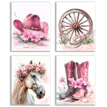 Imagem de Arte de parede em tela de menina caubói costeira, chapéu de cowboy ocidental rosa aquarela, botas de caubói, cavalo, pintura de arte de roda de madeira para quarto de meninas ocidentais, quarto de