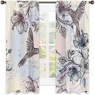 Imagem de Cortina blackout beija-flor, pássaros e flores de hibisco, nostalgia, design antigo, estampa clássica, para quarto, jardim de infância, sala de estar, L 182 x C 198 cm azul-petróleo marrom