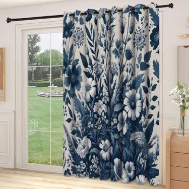 Imagem de Divisória de parede de cortina de divisória azul marinho, estilo vintage primavera noite floral arranjar flores silvestres, adequada para portas de vidro deslizantes, cortinas térmicas de sala de
