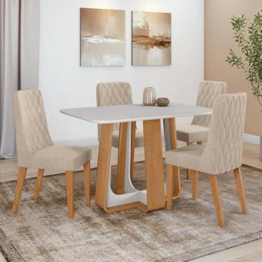 Imagem de Conjunto Sala de Jantar Mesa Easy Pop 120x80cm Tampo Vidro/mdf com 4 Cadeiras Seat Linho Rinzai Bege Amendoa Clean/off White