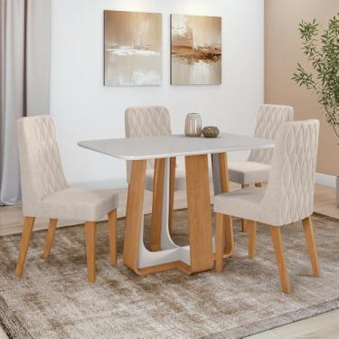 Imagem de Conjunto Sala de Jantar Mesa Easy Pop 120x80cm Tampo Vidro/mdf com 4 Cadeiras Seat Boucle Bege Amendoa Clean/off White