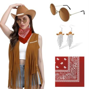 Imagem de FunMular Roupa de vaqueira feminina ocidental, acessórios de fantasia, chapéu de caubói, franja, brinco, bandana para o Dia das Bruxas, Caqui, M
