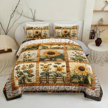 Imagem de QOOMO Conjunto de colcha infantil com flores amarelas, estampa de girassol, tamanho casal/queen para decoração de quarto, branco macio e leve para todas as estações, 1 conjunto de colcha e 2 fronhas