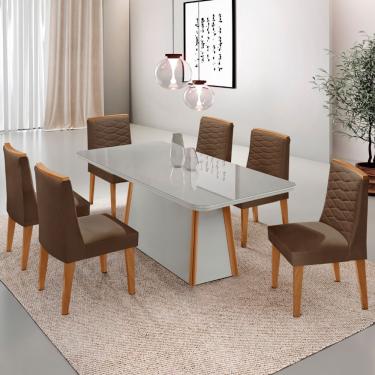 Imagem de Mesa de Jantar Diane 180cm Tampo MDF Vidro com 6 Cadeiras Eloise Moderna Mobília - Veludo Marrom/Off/Nat/Serig Off