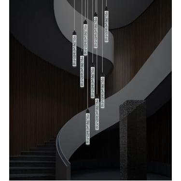 Imagem de YwueChwu Lustre De Cristal Com 9 Luzes Para Teto Alto, Luminária Pendente Preta, Espiral Moderna, Gota Chuva, Regulável, Conjunto Bolhas Led, Suspensa Hall Entrada, Sala Estar, Controle Remoto