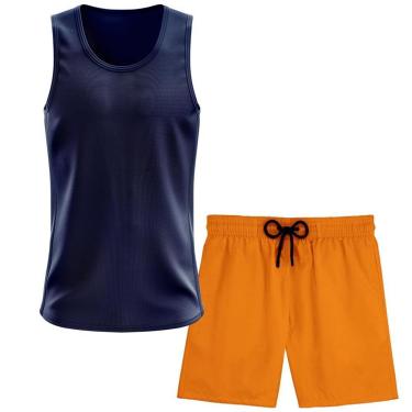 Imagem de Kit Short Praia Academia Passeio Treino Laranja + Regata Masculina Lisa Básica Dry-Masculino