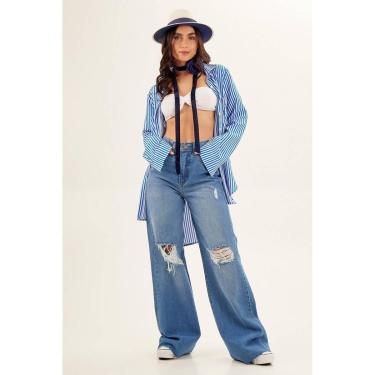 Imagem de Calça Pantalona Jeans De Cintura Alta Azul Yacamim G10-Feminino