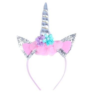 Imagem de LUCKLISA Faixa de cabeça de unicórnio, faixa de cabeça de unicórnio prateada com lantejoulas para mulheres, flores de beleza brilhante, chifre, cosplay, decorações de fantasia para festas, parques