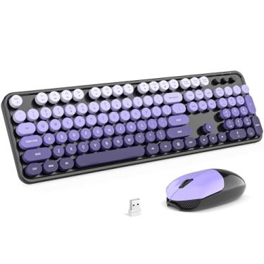 Imagem de KNOWSQT Combo de teclado e mouse sem fio - preto-roxo colorido 2,4 G máquina de escrever teclados fofos de tamanho completo - receptor USB Plug and Play, para computador, laptop, desktop, Windows