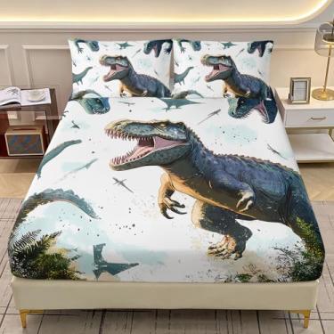 Imagem de AILONEN Jogo de lençol solteiro de desenho animado de dinossauro, tamanho GG, estampa de dinossauro verde da selva verde, 3 peças, lençol com elástico de graffiti com tema de vida selvagem com 2