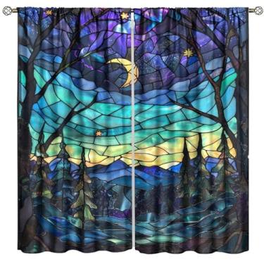 Imagem de Cortinas de vitral sonhadoras, fantástico azul vibrante roxo abstrato geometria fractal floresta lua padrão tratamentos de janela, cortinas blackout com bolso para varão para sala de estar, quarto