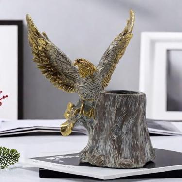 Imagem de Estátua criativa de resina de águia, suporte de caneta, toco de árvore, estatuetas colecionáveis, sala de estar, casa, escritório, escritório, decoração de mesa, ornamento, presente (cinza)
