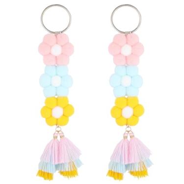 Imagem de Beebeecraft 2 peças Boho Pom Pom Rainbow Flower Tassel Charms Terylene Algodão Pingente Chaveiro para Mulheres Bolsa de Mão Decoração