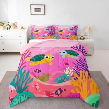 Imagem de Erosebridal Jogo de cama solteiro com desenho de tartaruga para crianças, vida oceânica, tartaruga, quarto de adolescentes e adultos, edredom de penas de animais marinhos do mundo subaquático, colcha