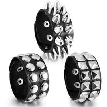 Imagem de Hicarer 3 peças de pulseira punk de couro de Halloween para homens mulheres anos 80 pulseira de rock gótico pulseira de punho unissex acessórios de festa, One Size, principalmente couro artificial