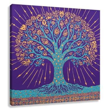 Imagem de Árvore da Vida Arte de Parede Impressão em Tela Decoração Harmonia da Vida Símbolos Espirituais Roxo Azul-petróleo Sala de Estar Quarto 40x40cmx1