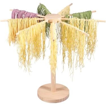 Imagem de Escorredor de massas com 9 alças de barra, prateleira de secagem de macarrão de madeira, suporte de espaguete, removível, suporte dobrável para pendurar macarrão e macarrão, reutilizável para macarrão