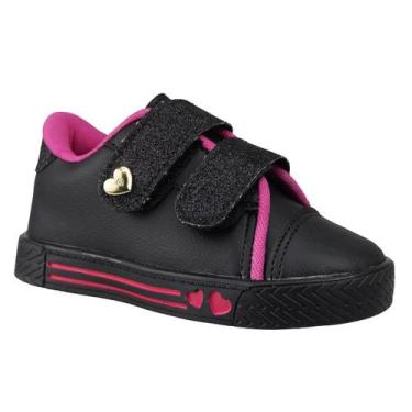 Imagem de Tênis Infantil Menina Casual Preto Rosa Detalhe Dourado Coração Delica