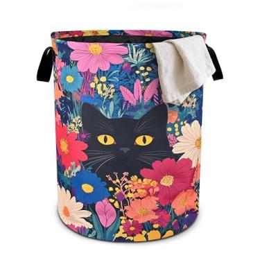 Imagem de Cesta de roupa suja floral de gato preto, dobrável, bolsa de pano, cesto de roupa suja, organizador de balde de roupas para banheiro/armazenamento de lavanderia/quarto 40 x 40 cm