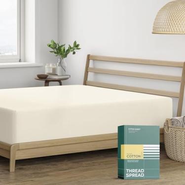 Imagem de THREAD SPREAD Lençol solteiro, 100% algodão orgânico, tecido percal, marfim, 1 lençol de elástico solteiro, cabe em colchões de até 40,6 cm, roupa de cama de luxo com certificação GOTS