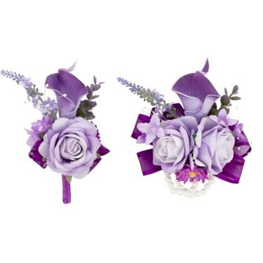 Imagem de Floinla Conjunto de corpete roxo profundo e flor na lapela para formatura de casamento, pulseiras de corsage de flor de lírio de calla artificial, pulseira de baile, lapela para decoração de terno