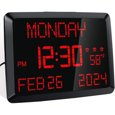 Imagem de Relógio digital grande com visor de 29 cm, calendário com data, hora, dia da semana, temperatura, 2 carregadores USB, 3 alarmes, 5 reguladores e 12/24h, relógio de parede/relógio de mesa para idosos