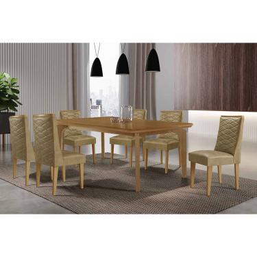 Imagem de Sala de Jantar Completa Londrina c/ Tampo Madeirado Canto Curvo 180x90cm e 6 Cadeiras Dafne Naturale - Suede Capuccino - Rufato