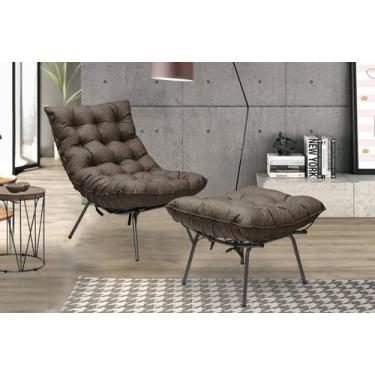 Imagem de Poltrona Costela Decorativa e Puff Adão Preto Linho Marrom - METAL MOV