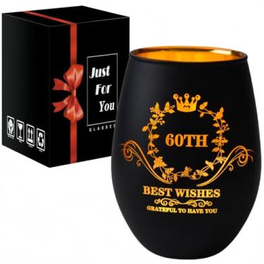 Imagem de YUHANOER Presentes de aniversário de 60 anos para mulheres e homens, taça de vinho vintage gravada 60 anos sem haste, ideia de presente engraçado de 60 anos para mãe, pai, amigos, colegas de trabalho
