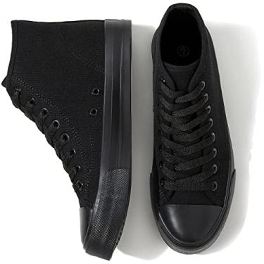 Imagem de Uoidru Tênis de lona feminino de cano alto, de lona, branco, casual, com cadarços, tênis da moda, Preto completo, 7