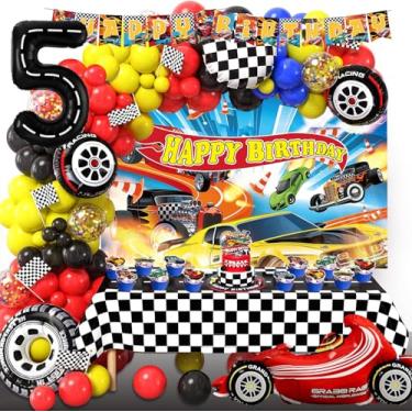 Imagem de 5th Birthday Party Hot Race Cars Wheels Theme Birthday Party Decorations Set Including Backdrop,Banner,Balloon Garland Arch, Tablecloth, Cake Toppers