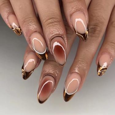 Imagem de RIICFDD Unhas postiças médias em formato de amêndoa, marrom caramelo, prensa de unhas 3D, água, ondulação, cola nas unhas, cobertura total, unhas de acrílico brilhante para mulheres, meninas, unhas