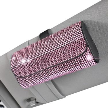 Imagem de Suporte de óculos de sol brilhante para viseira de sol de carro, estojo organizador de óculos de armazenamento com clipe de viseira de carro, estojo organizador de óculos de sol de couro PU para carro