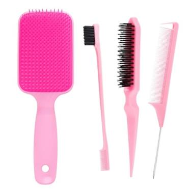 Imagem de Escova De Cabelo Raquete Flex Hair Desembaraçante Redutor De Frizz E Anti Quebra Cerdas Macias Todos Os Tipos De Cabelo + Pente Para Penteado Baby Hair 2 Em 1 + Escova 3 Fileiras + Escova Separadora De Mechas (Rosa + 3 Pentes)