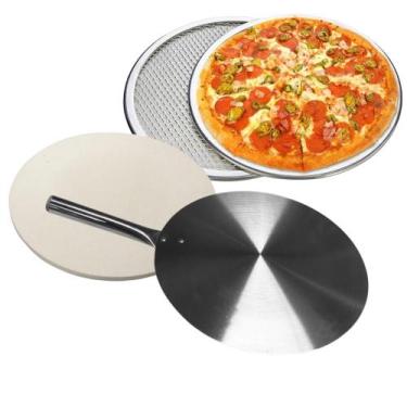 Imagem de Pedra Refrataria 37cm Tela 35cm E Pá Alumínio Para Assar Pizza - Galli