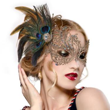 Imagem de Máscara Masquerade Zinniday Gold para mulheres de renda de penas de pa
