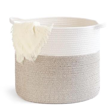 Imagem de Cesta de corda pequena redonda de tecido com alça 24 x 24 x 18 cm linda cesta de armazenamento de algodão para berçário costura marrom bege modelo misto 8,2 L