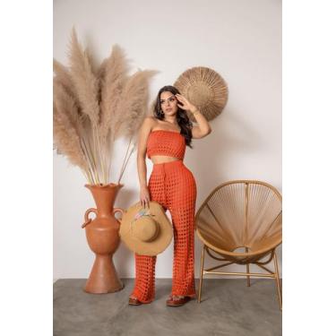 Imagem de Conjunto Saída De Praia Calça Pantalona Cropped Tricot Verão - Calu Tr