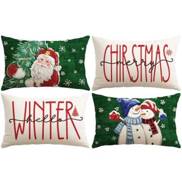 Imagem de OTOSTAR Conjunto de 4 capas de travesseiro verdes de Natal 40,6 x 61 cm de inverno para decoração de sofá e sala de estar (verde - Papai Noel e boneco de neve para casal)
