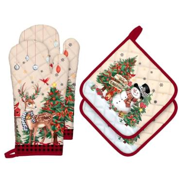 Imagem de Arquiel Conjunto de luvas de forno de boneco de neve de veado de Natal e suportes de panela, 4 peças, 100% algodão, resistentes ao calor, luvas de forno extralongas para cozinha, cozinha, decoração de