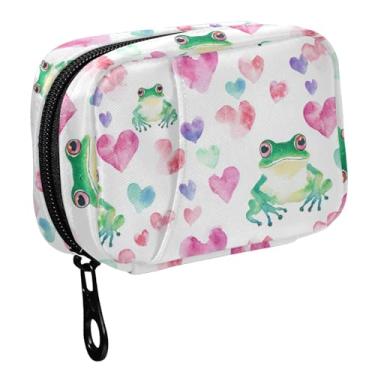 Imagem de Fustylead Lindo animal selvagem, sapos verdes com corações rosa e roxos, bolsa organizadora de comprimidos de viagem com zíper, pequena caixa de comprimidos de 7 dias para armazenamento de bolsa