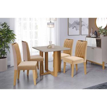 Imagem de Conjunto: Mesa de Cozinha Flora Tampo Madeirado c/ Vidro 95x95cm e 4 Cadeiras Juliana Cinamomo/Off White - Carvalho/Linho Bege - Cimol