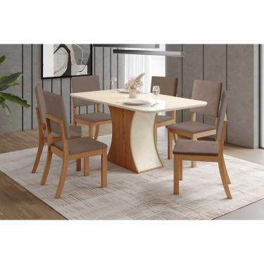 Imagem de Conjunto: Mesa Sala Jantar Luiza c/ Tampo Curvo Madeirado c/ Vidro 160x80cm e 6 Cadeiras Milla Nature/Off White - Suede Marrom - Henn
