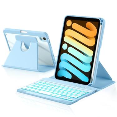 Imagem de Harvopu Capa com teclado para iPad mini 7 A17 Pro/6 geração 2024/2021 8,3 polegadas, capa traseira transparente giratória de 360° com teclado destacável retroiluminado de 7 cores, suporte de lápis