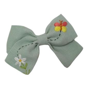 Imagem de Laço em linho puro bordado a mão. Abelhinha e flores (Verde)