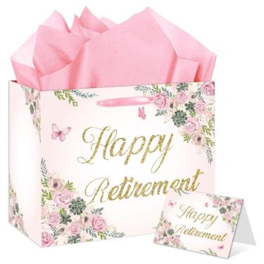 Imagem de HSKMAKE Bolsa de presente rosa de aposentadoria grande com cartão e papel de seda para mulheres, homens, colegas, despedidas de escritório, suprimentos de decoração de festa aposentada