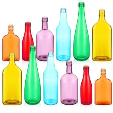 Imagem de Zhehao 12 garrafas de vidro coloridas, garrafas de vinho vazias coloridas, garrafa de vidro decorativa para garrafa, árvore, jardim, quintal, decoração de casa ao ar livre (cor arco-íris claro, plana)