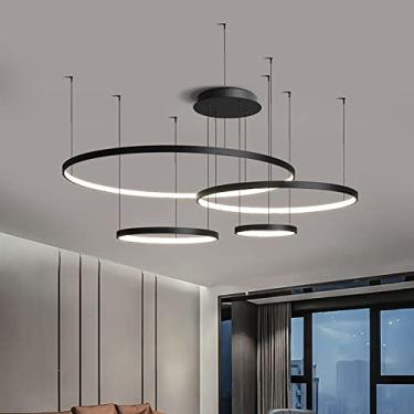Imagem de Lustre moderno de LED com anel regulável, luminária de teto contemporânea para sala de estar, cozinha e bar, preto, 20+40+60+80 cm, pingente de teto de acrílico com LED e 4 anéis