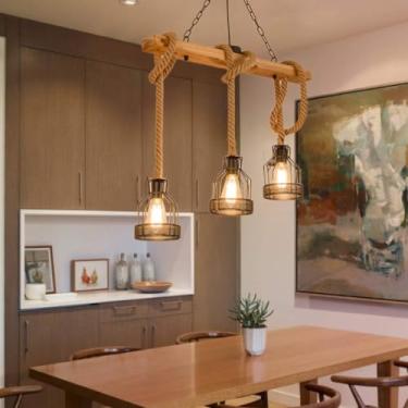 Imagem de Lustre de madeira vintage estilo industrial luz pendente para mesa de jantar ilha de cozinha bar restaurante luminária de teto retrô artesanal com 3 lâmpadas